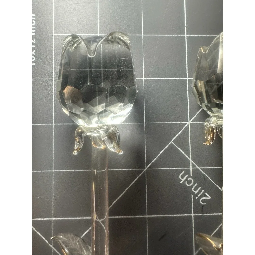 Set Of 4 Clear Glass Long Stem Roses Gold Silver Trim 14
